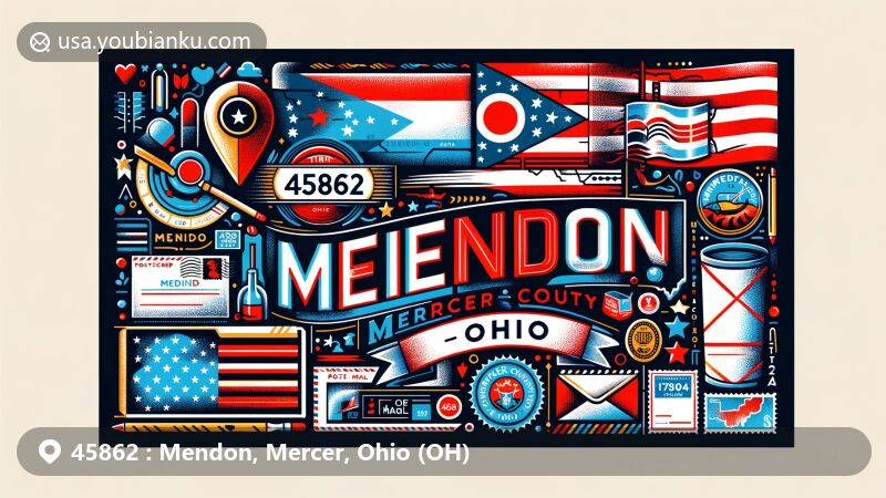 Modern illustration of Mendon, Mercer County, Ohio, featuring postal theme with ZIP code 45862, integrating Ohio state flag, Mercer County outline, postcard, air mail envelope, stamps, postmark.
