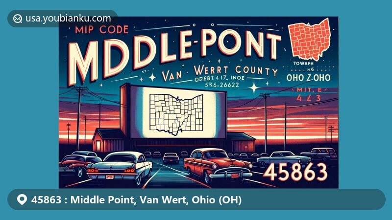 Modern illustration of Middle Point, Ohio, and Van Wert County, showcasing Van-Del Drive-In Theater and zip code 45863, with classic drive-in movie screen and vintage cars in the foreground against a twilight sky.