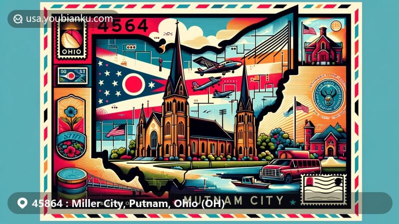 Modern illustration of Miller City, Putnam County, Ohio, showcasing postal theme with ZIP code 45864, featuring St. Nicholas' Catholic Church and Ohio state symbols.