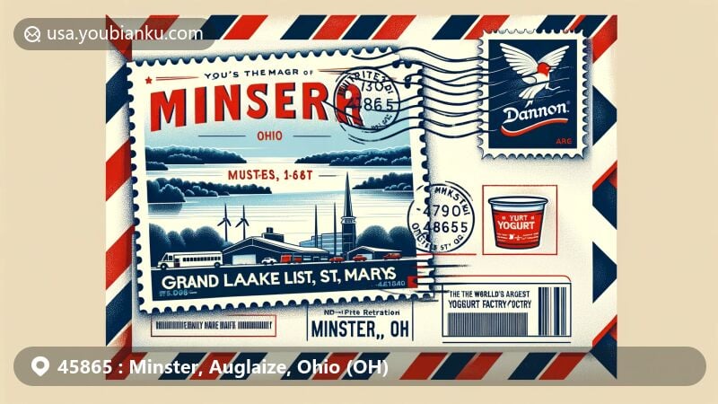 Modern illustration of Minster, Ohio, highlighting postal theme with ZIP code 45865, featuring Grand Lake St. Marys, Dannon yogurt factory, and Ohio state symbols.