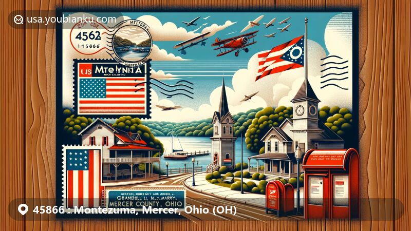 Modern wide-format illustration of Montezuma, Mercer County, Ohio, featuring Grand Lake St. Marys, Ohio state flag, vintage postal elements, and a sense of small-town charm and natural beauty.