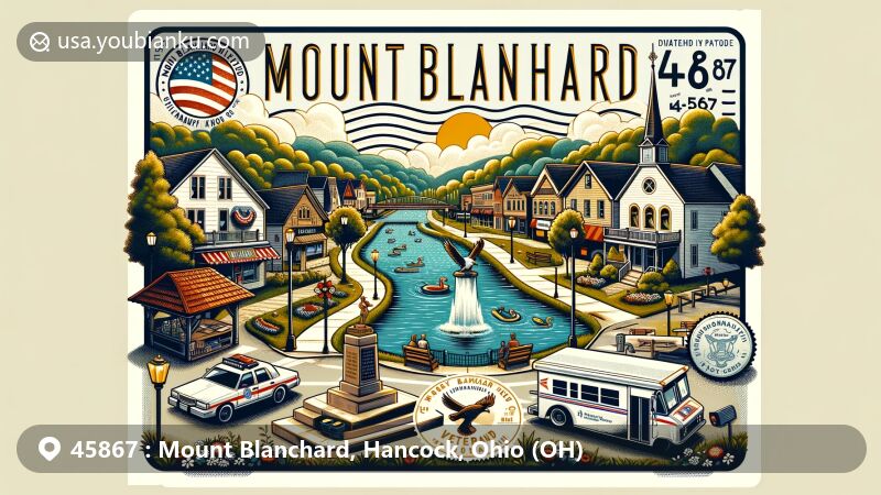 Modern illustration of Mount Blanchard, Hancock County, Ohio, representing ZIP code 45867 with Blanchard River scenery, community pool, veteran's memorial, and postal elements in a picturesque village setting.