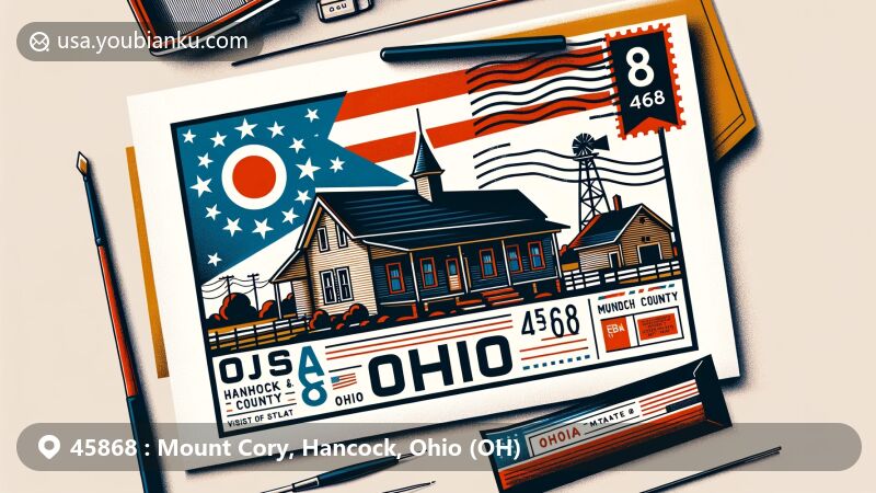 Modern illustration of Mount Cory, Hancock County, Ohio, showcasing postal theme with ZIP code 45868, featuring Ohio Log House and state flag.