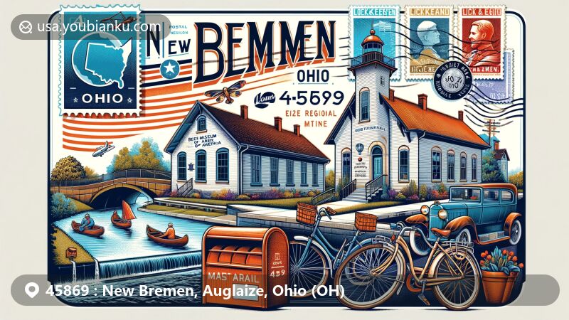 Modern illustration of New Bremen, Ohio, showcasing postal theme with ZIP code 45869, featuring Bicycle Museum of America and Lockkeepers House.