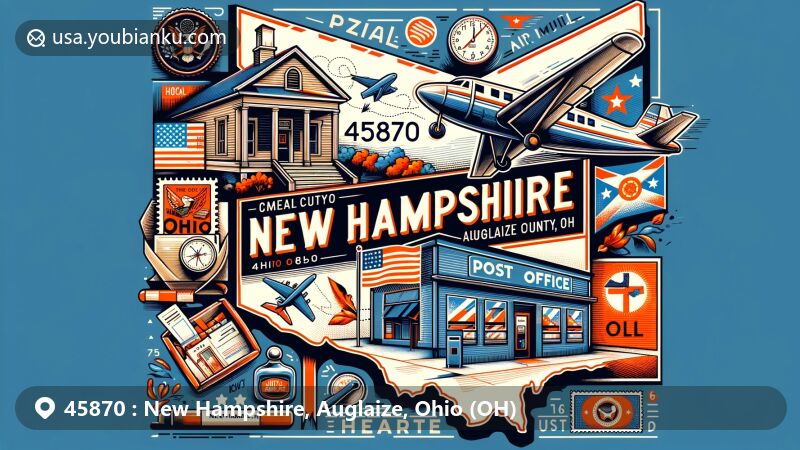 Modern illustration showcasing ZIP code 45870 in New Hampshire, Auglaize County, Ohio, with air mail envelope design, featuring map outline, post office, vintage postage stamp, postal mark, airplane, Ohio state flag, and American symbols.