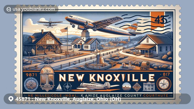 Modern illustration of New Knoxville, Auglaize County, Ohio, highlighting ZIP code 45871, featuring Neil Armstrong Airport, New Knoxville Historical Society buildings, and Fort Amanda Memorial Park.