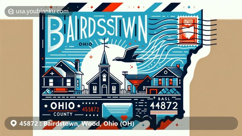 Modern illustration of Bairdstown, Ohio, showcasing postal theme with ZIP code 45872, featuring village outline, Wood County map, Ohio state elements, and postal motifs.