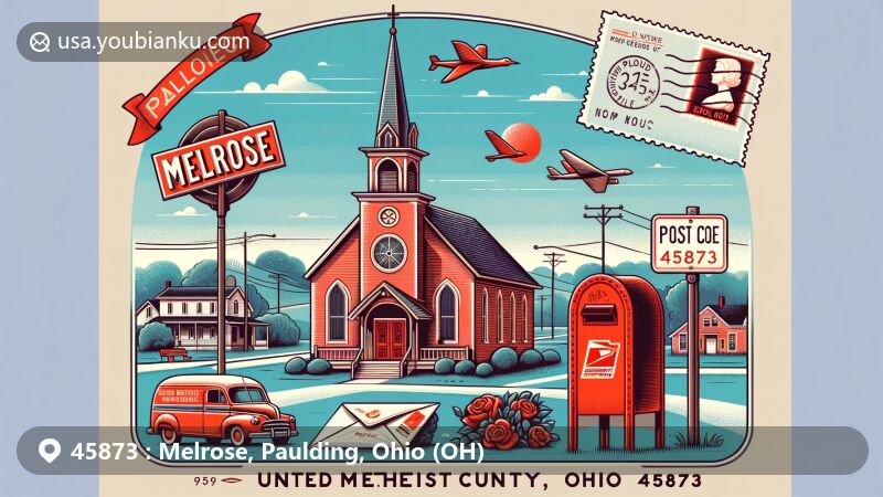 Modern illustration of Melrose, Paulding County, Ohio, showcasing postal theme with ZIP code 45873, featuring United Methodist Church and charming small-town elements.