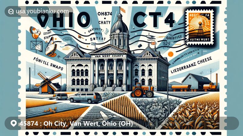 Modern illustration of Ohio City, Van Wert County, Ohio, featuring Van Wert County Courthouse, agricultural visuals, and artistic representation of Liederkranz cheese, evoking community resilience and progress in ZIP code 45874.
