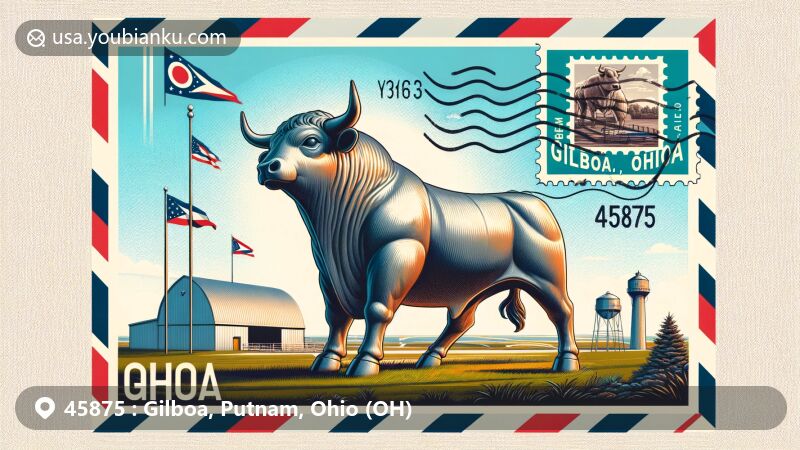 Modern illustration of Gilboa, Ohio, highlighting the iconic giant fiberglass bull statue and postal theme with ZIP code 45875, featuring Ohio state flag and postal elements.