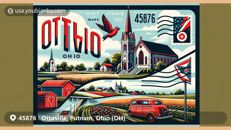 Vibrant illustration of Ottoville, Ohio, featuring historic landmarks Church of the Immaculate Conception and Ottoville Park, along with Ohio state flag, rural scenery, and postal elements. Captures small-town America charm.
