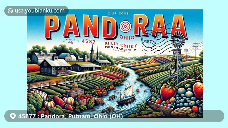 Modern illustration of Pandora, Ohio, showcasing postal theme with ZIP code 45877, featuring Riley Creek, local agriculture, and Ohio state flag.