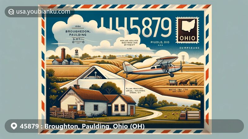 Modern illustration of Broughton, Paulding County, Ohio, featuring aviation-style envelope with postcard showcasing ZIP code 45879, agriculture, education, and rural landscape.