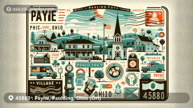 Modern illustration of Payne, Ohio, with ZIP code 45880, capturing the essence of the community's postal heritage, integrating Ohio state flag and local landmarks, reflecting over 150 years of history and family-friendly atmosphere.