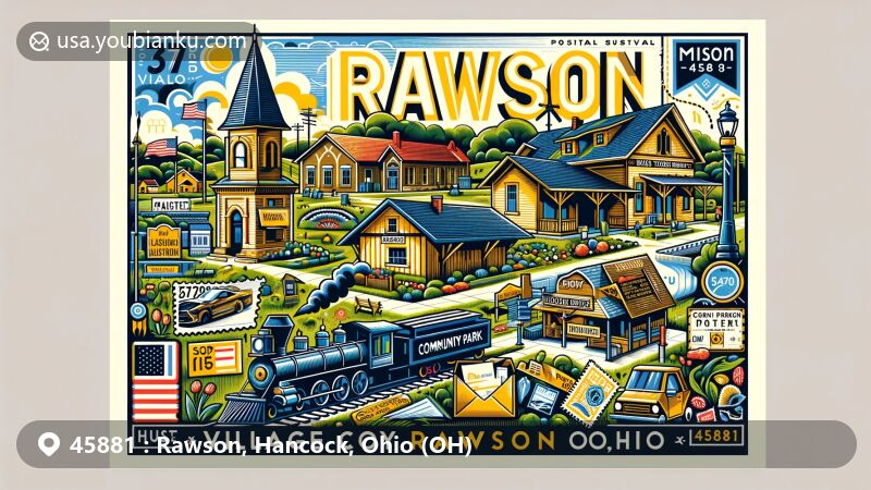 Modern illustration of Rawson, Ohio, highlighting postal theme with ZIP code 45881, featuring community park, old train depot, and Rawson Proud Town Festival.