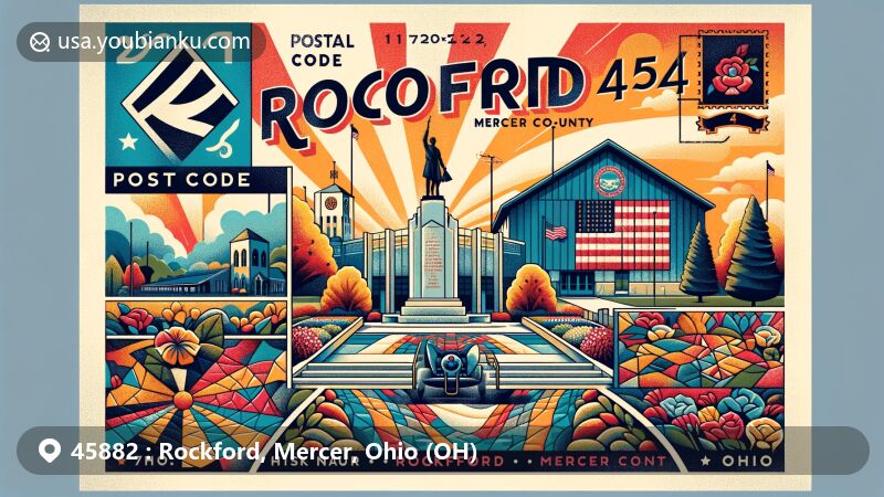 Modern illustration of Lockford, Mercer County, Ohio, highlighting postal theme with ZIP code 45882, featuring historical murals, Hedges Park veterans memorial, and Barn Quilt Trail.