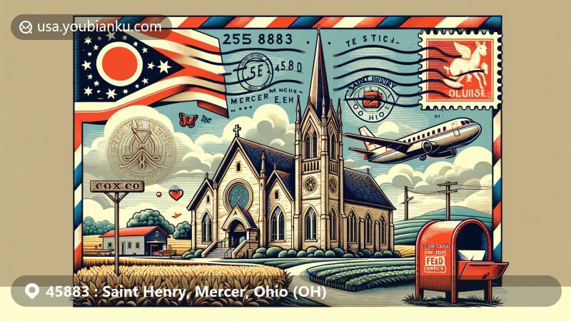Illustration of Saint Henry in Mercer County, Ohio (OH), depicting St. Henry's Catholic Church and rural life symbols, set in a vintage air mail envelope with Ohio state flag stamp and ZIP Code 45883.