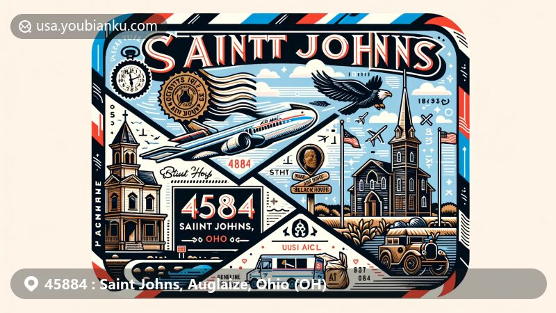 Modern illustration of Saint Johns, Auglaize County, Ohio, with air mail envelope showcasing U.S. Route 33 and State Route 65 intersection, founding in 1835, Black Hoof memorial, Ohio state flag, '45884 Saint Johns, OH' postal mark, and vintage postal van.