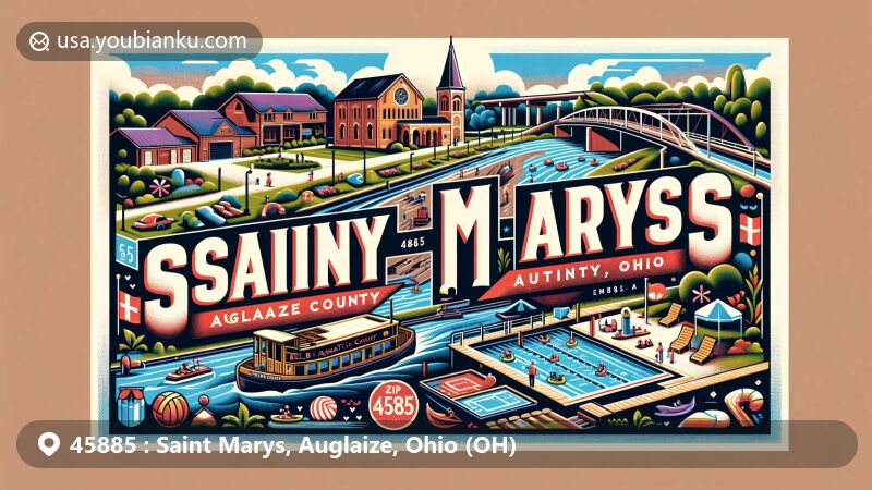 Modern illustration of Saint Marys, Auglaize County, Ohio, highlighting ZIP code 45885, featuring Grand Lake St. Marys, Miami & Erie Canal with Belle of St. Marys boat, Family Aquatic Center, and K.C. Geiger Park.