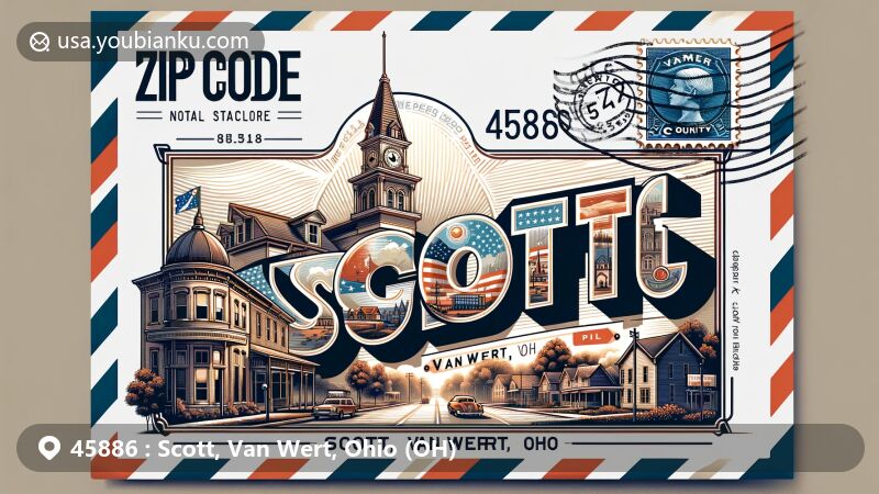 Modern artwork featuring ZIP code 45886, Scott, Van Wert, Ohio, with a postal theme and artistic representations of Scott village and Van Wert County Courthouse.