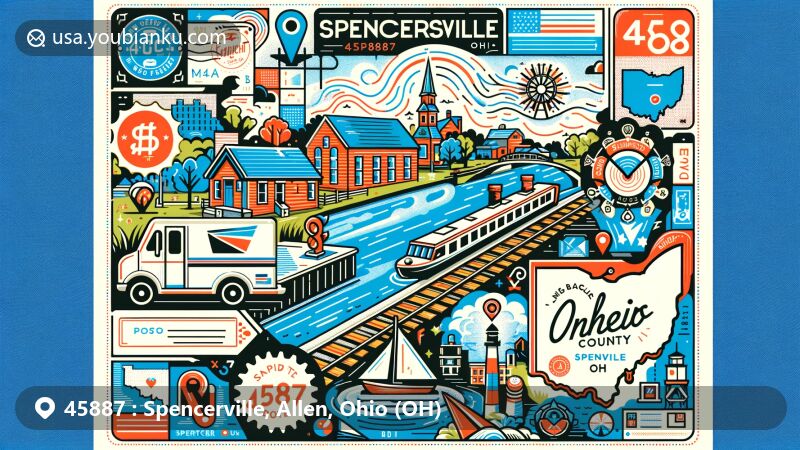 Modern illustration of Spencerville, Ohio, Allen County, showcasing postal theme with ZIP code 45887, featuring Miami and Erie Canal, William Spencer reference, Allen County map contours, stamps, postmark, vintage postal truck, reflecting village's diversity and history.