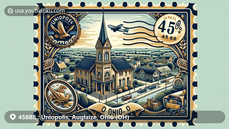 Modern illustration of Uniopolis, Ohio, showcasing postal theme with ZIP code 45888, featuring Uniopolis Historical Museum and serene landscapes.
