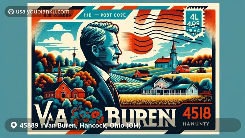 Vibrant illustration of Van Buren, Hancock County, Ohio, showcasing key elements like Van Buren State Park and a stylized post office, honoring Martin Van Buren, with '45889' prominently displayed.