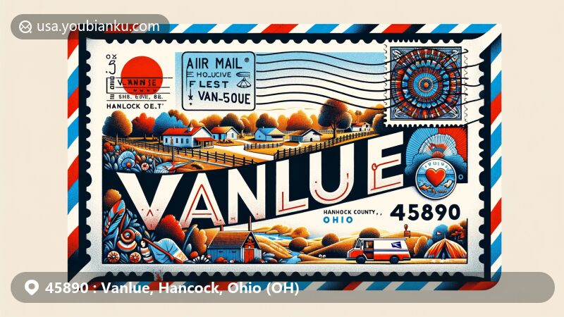 Modern illustration of Vanlue, Hancock County, Ohio, showcasing postal theme with ZIP code 45890, featuring local park, Sheriden Cave, and Vanlue Fest.