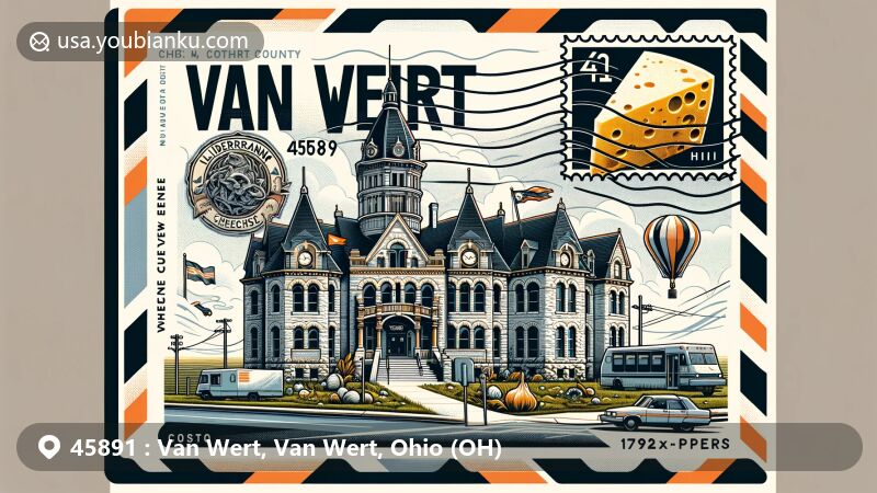 Modern illustration of Van Wert, Ohio, showcasing postal theme with ZIP code 45891, featuring Van Wert County Courthouse, Liederkranz cheese, F4 tornado, and Black Swamp region.