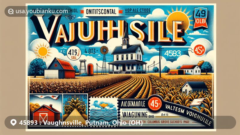 Modern illustration of Vaughnsville, Ohio, showcasing postal theme with ZIP code 45893, featuring agricultural aspects like Vaughnsville loam soil, corn, and soybeans.