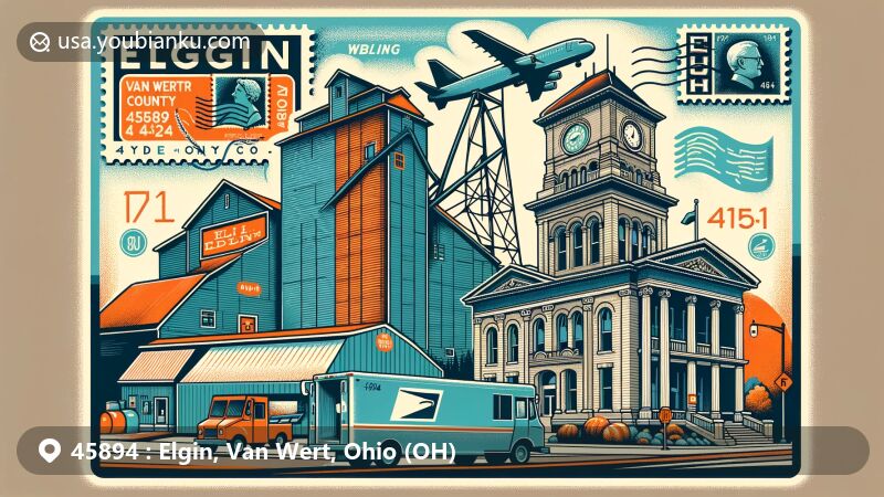 Modern illustration of Elgin, Van Wert County, Ohio, blending local features with postal themes, showcasing grain elevator, Van Wert County Courthouse, vintage postcard layout, postal truck, and mailbox in a vibrant and eye-catching design.