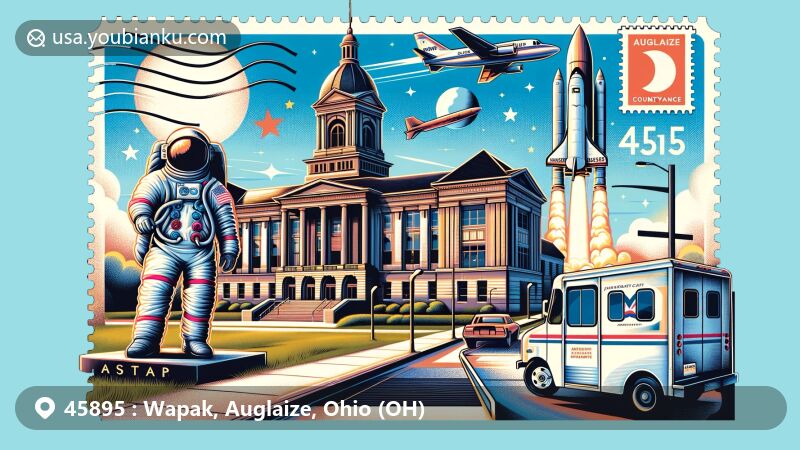 Modern illustration of Wapakoneta, Ohio, featuring Armstrong Air & Space Museum, Temple of Tolerance, Auglaize County Courthouse, astronaut suit, spacecraft model, air mail envelope, postal stamp of Neil Armstrong's moon landing, and ZIP code 45895.