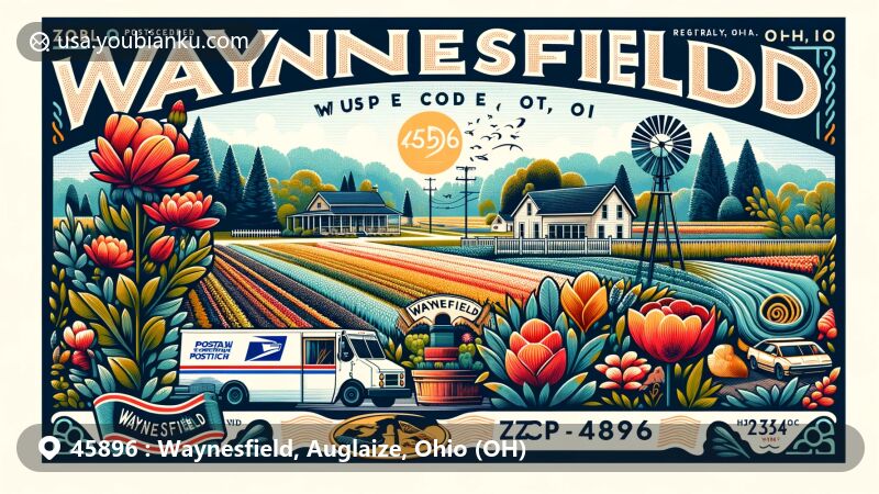 Modern illustration of Waynesfield, Auglaize County, Ohio, showcasing postal theme with ZIP code 45896, featuring Flower Coop and local landscape.