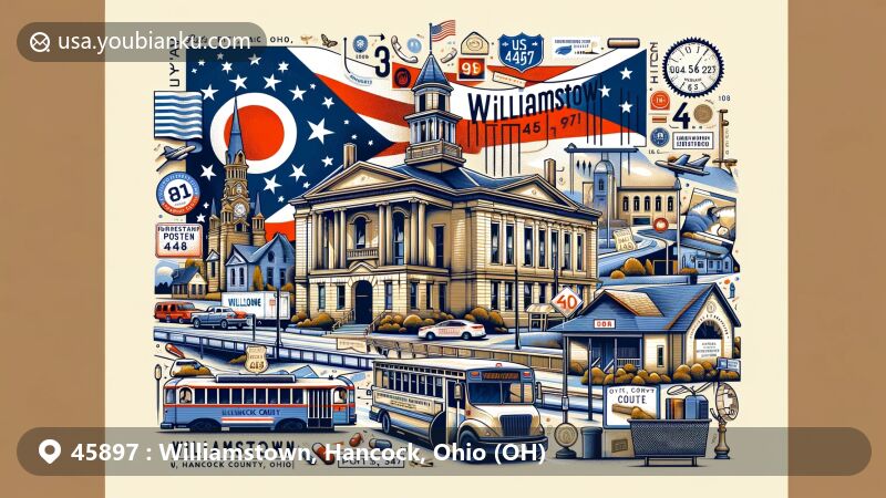 Modern illustration of Williamstown, Hancock County, Ohio, showcasing postal theme with ZIP code 45897, featuring Hancock County Courthouse and Ohio state symbols.