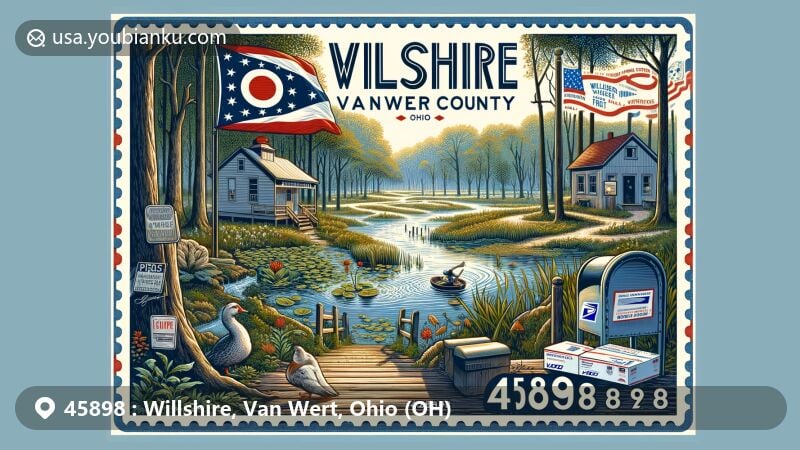 Modern illustration of Willshire, Van Wert County, Ohio (45898), showcasing Village Park with swamp forest, reservoir, and woodland trail, blending regional nature with postal elements like vintage post office facade and airmail envelopes.