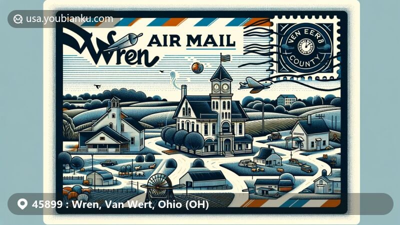 Creative illustration of Wren, Van Wert County, Ohio, featuring postal theme with ZIP code 45899, showcasing landmarks like Brumback Library, Muensterberg Plaza, and rural Ohio landscapes.