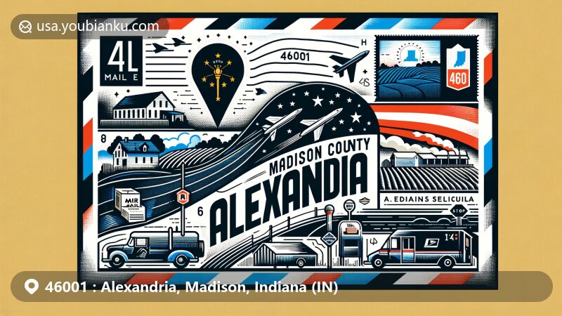 Modern illustration of Alexandria, Madison County, Indiana, showcasing postal theme with ZIP code 46001, featuring Indiana state flag, farmlands, and small town street.