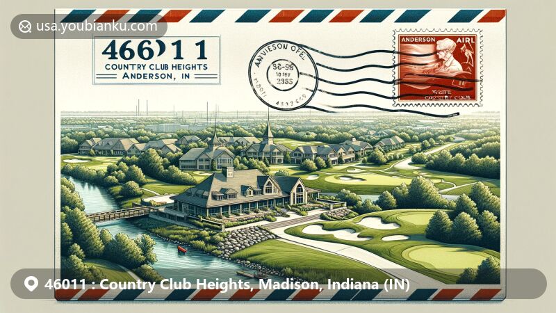 Modern illustration showcasing Anderson, Indiana, with ZIP code 46011, highlighting Country Club Heights and Anderson. Features include Anderson Country Club, White River, and postal elements.