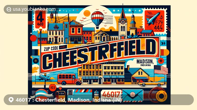 Modern illustration of Chesterfield, Madison, Indiana, capturing the essence of ZIP code 46017 with vintage postal theme and creative reinterpretation of town symbols.