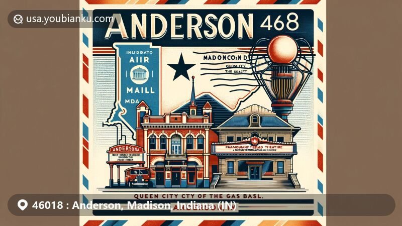 Modern illustration of Anderson, Madison County, Indiana, inspired by ZIP code 46018, featuring the Paramount Theatre, Gruenewald House, and symbols of the Queen City of the Gas Belt, including vintage gas lamp motif. Incorporates air mail envelope theme and official seal of Anderson.