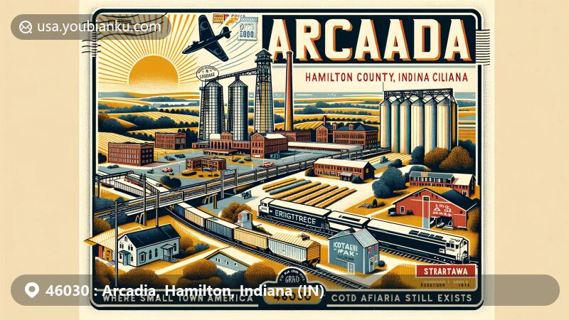 Modern illustration of Arcadia, Hamilton County, Indiana, featuring vintage postcard design with Erie Railroad, grain elevators, and Cheese factory, highlighting Strawtown Koteewi Park, Koteewi Prairie Park, Indiana state flag, and town motto.