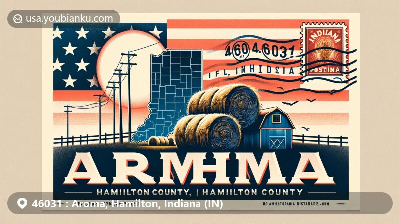 Modern illustration of Aroma, Hamilton County, Indiana, featuring vintage postal elements with ZIP code 46031, including hay motif and state symbolism.