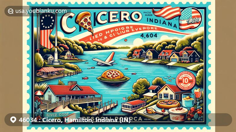 Modern illustration of Cicero, Hamilton County, Indiana, highlighting Morse Reservoir, Red Bridge Park, Pizza King, The Cakehole, and 10 West, featuring Indiana state flag, vintage postage stamp outline, and ZIP code 46034.