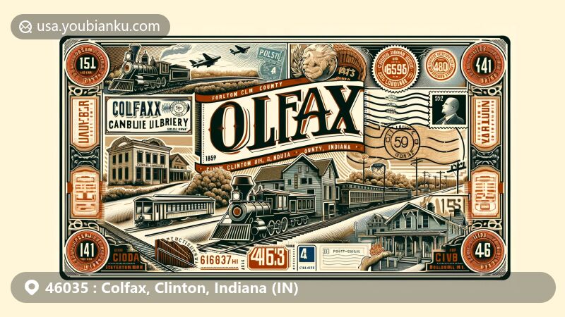 Vintage-style illustration of Colfax, Clinton County, Indiana, showcasing postal theme with ZIP code 46035, featuring Colfax Carnegie Library, railroad history, and town establishment in 1849.