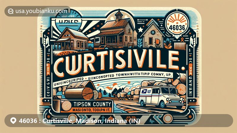 Modern illustration of Curtisville, Tipton County, Indiana, featuring vintage postal elements and highlighting ZIP code 46036, with references to historical lumber industry and rural Indiana setting.