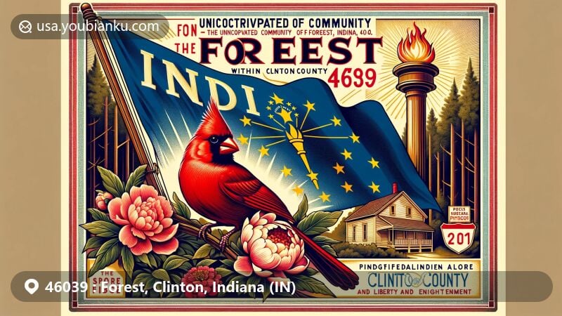 Modern illustration of Forest, Clinton County, Indiana, featuring Indiana's state symbols like the state flag, Northern Cardinal, and Peony, with a postcard layout and a nod to postal history.