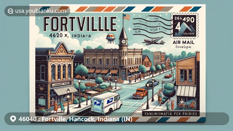 Modern illustration of Fortville, Hancock County, Indiana, designed as an air mail envelope with ZIP code 46040. Features historic downtown area, Landmark Park, Memorial Park, family-friendly community, and postal elements.
