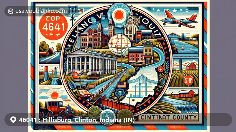 Creative illustration of Hillisburg, Clinton County, Indiana, highlighting local landmarks like the Rosenberger Building and Scotland Bridge, transportation networks with Interstate 65 and U.S. Route 52, and rural agricultural setting, featuring vintage air mail envelope and postal stamps with ZIP code 46041.