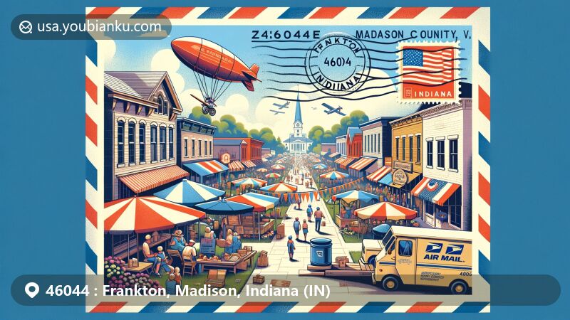 Modern illustration of Frankton, Madison County, Indiana, emphasizing ZIP code 46044 area and community-driven Heritage Days Festival, incorporating Indiana state flag colors and postal elements.