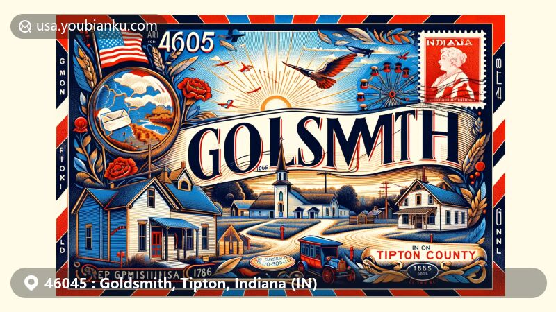 Modern illustration of Goldsmith, Tipton County, Indiana, featuring vintage airmail envelope with Indiana state flag, Tipton County silhouette, and rural charms like old schoolhouse and Methodist Episcopal church.